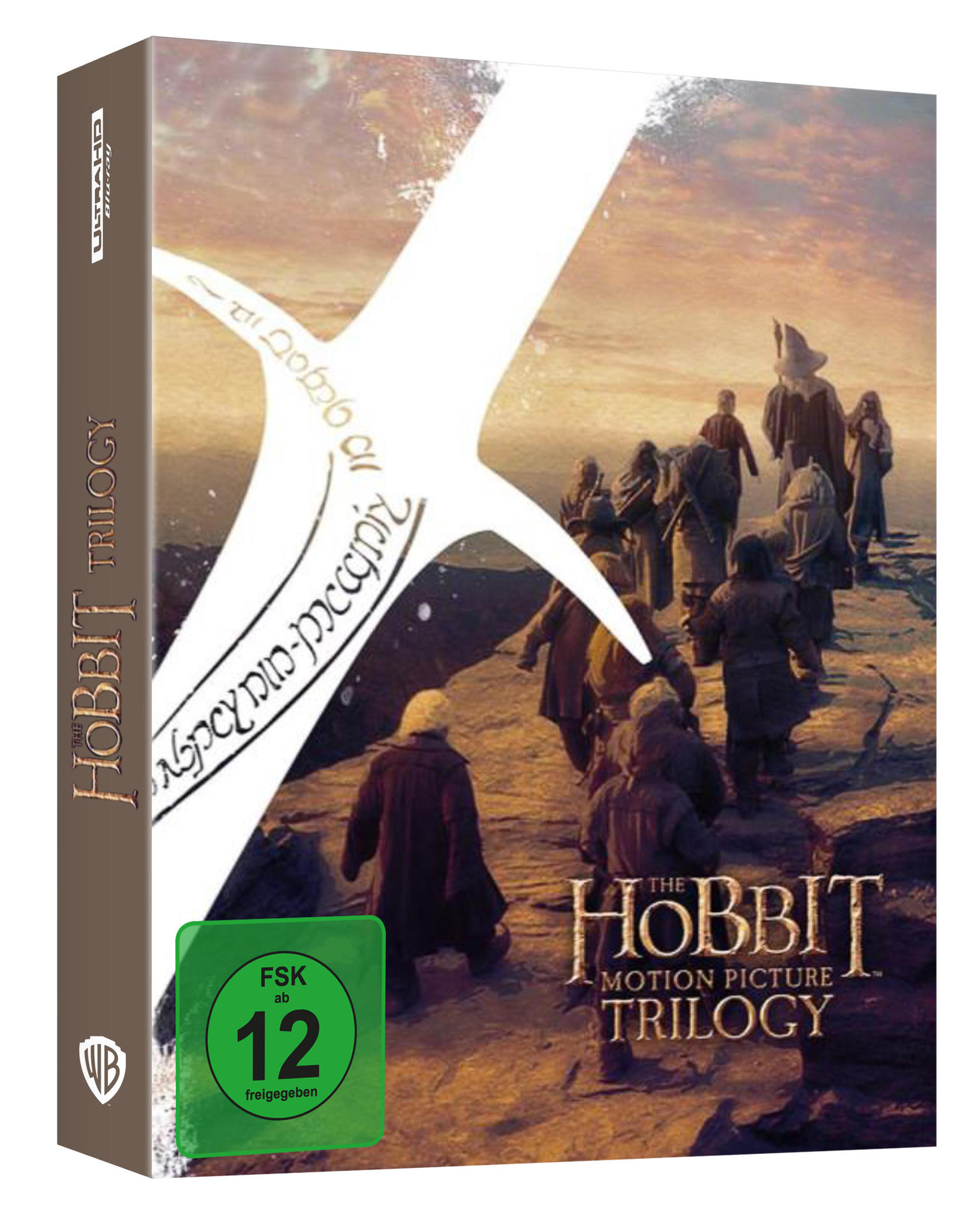 The Hobbit Trilogie Blu-ray-Hülle mit einem Schwert-Grafik und Charakteren.