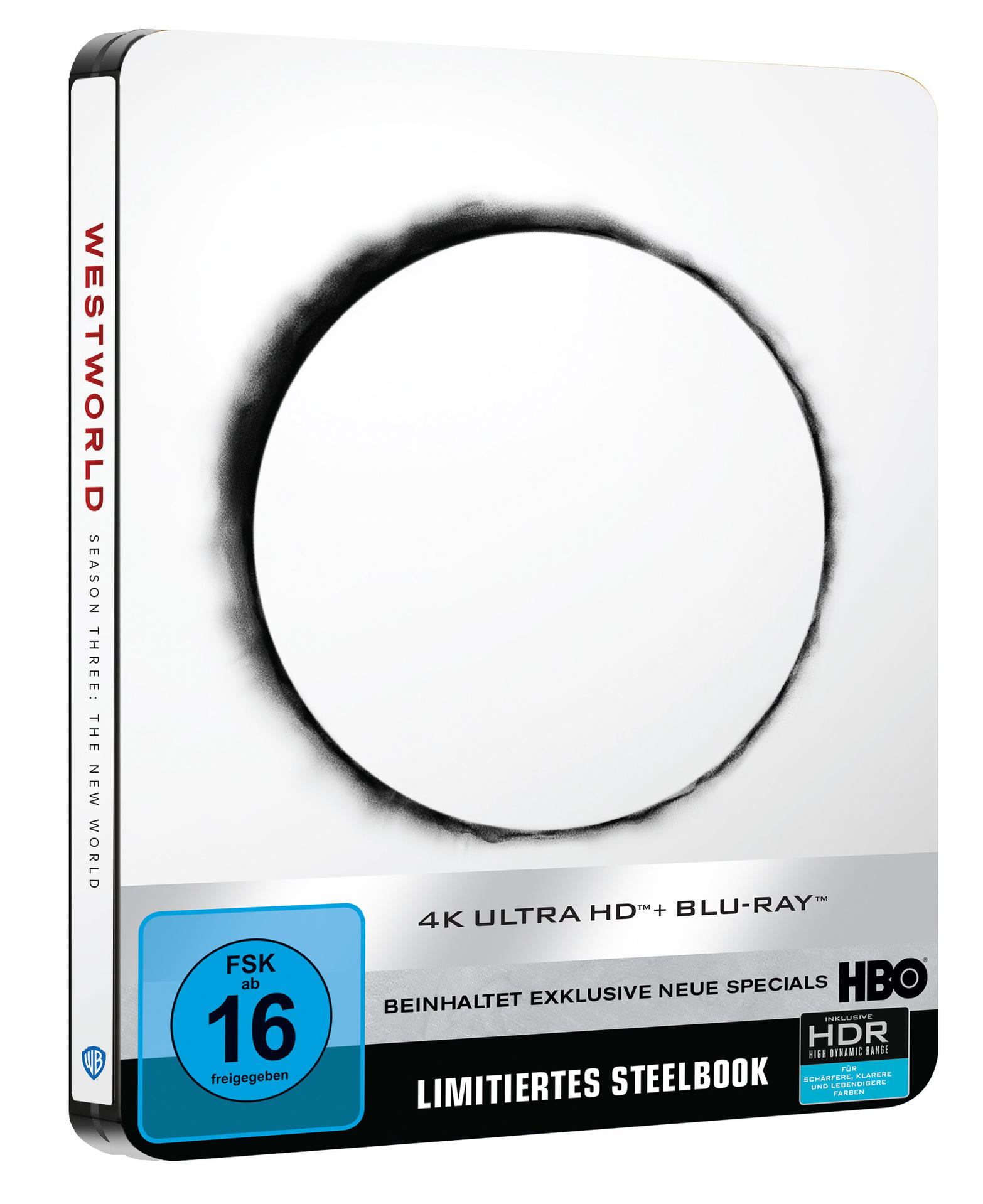Eine Westworld Blu-ray-Hülle in Weiß mit einem schwarzen Kreis auf der Vorderseite und dem Serientitel.