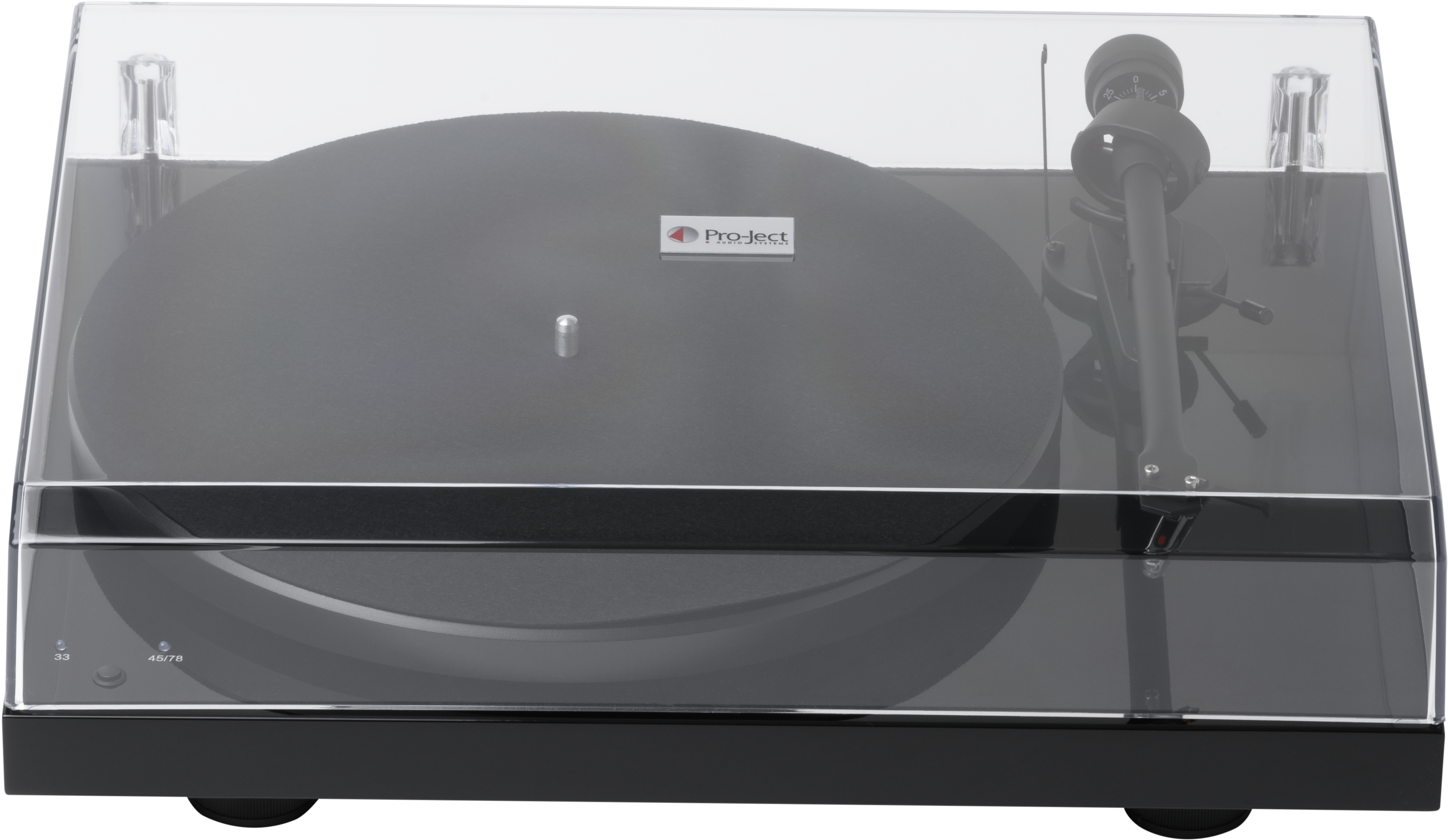 Schwarzer Pro-ject Plattenspieler mit Staubschutz, Draufsicht.