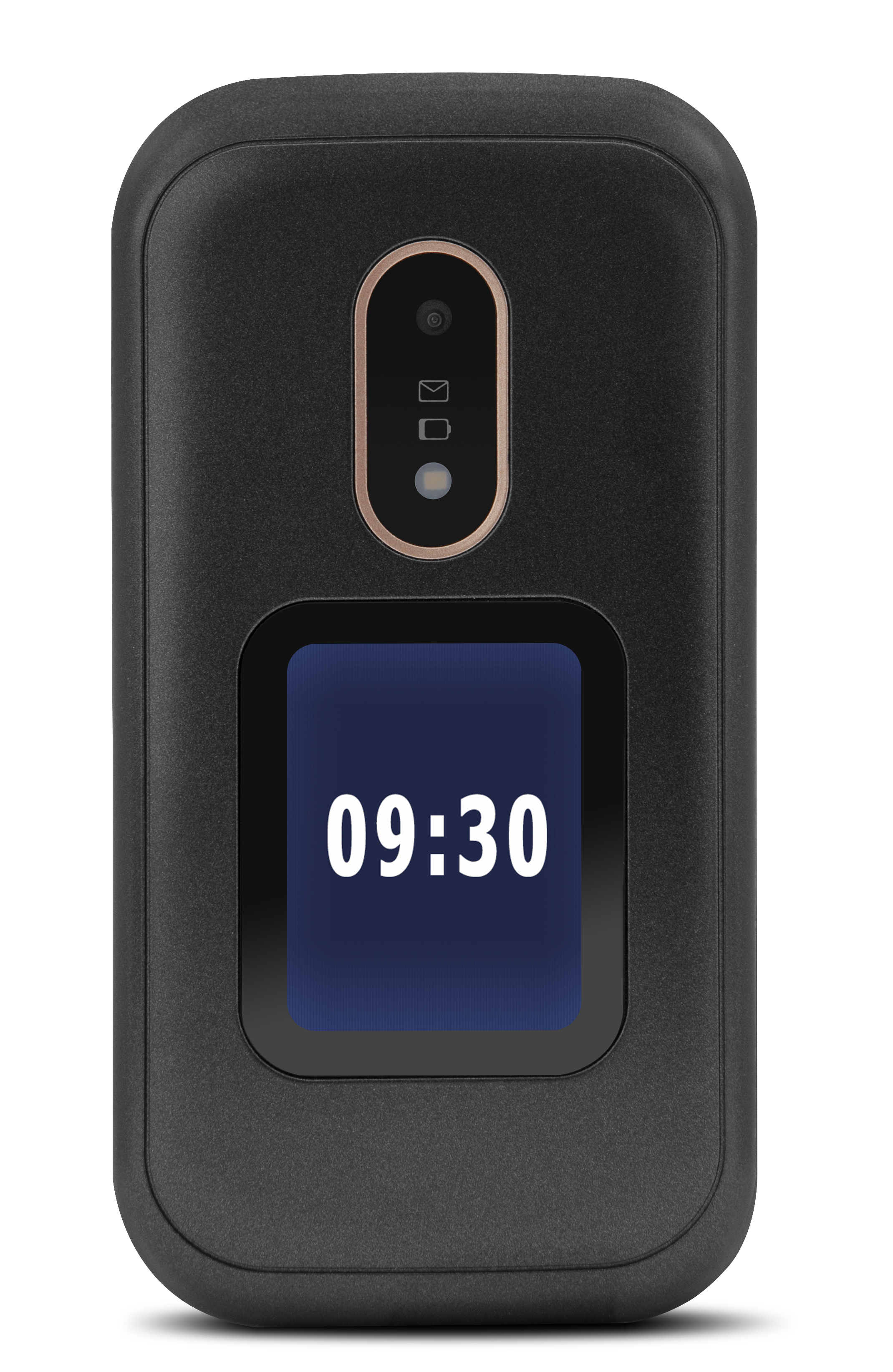 Ein schwarzes Klapphandy mit einem Bildschirm, der 09:30 anzeigt. Das Telefon ist geschlossen und aufrecht.