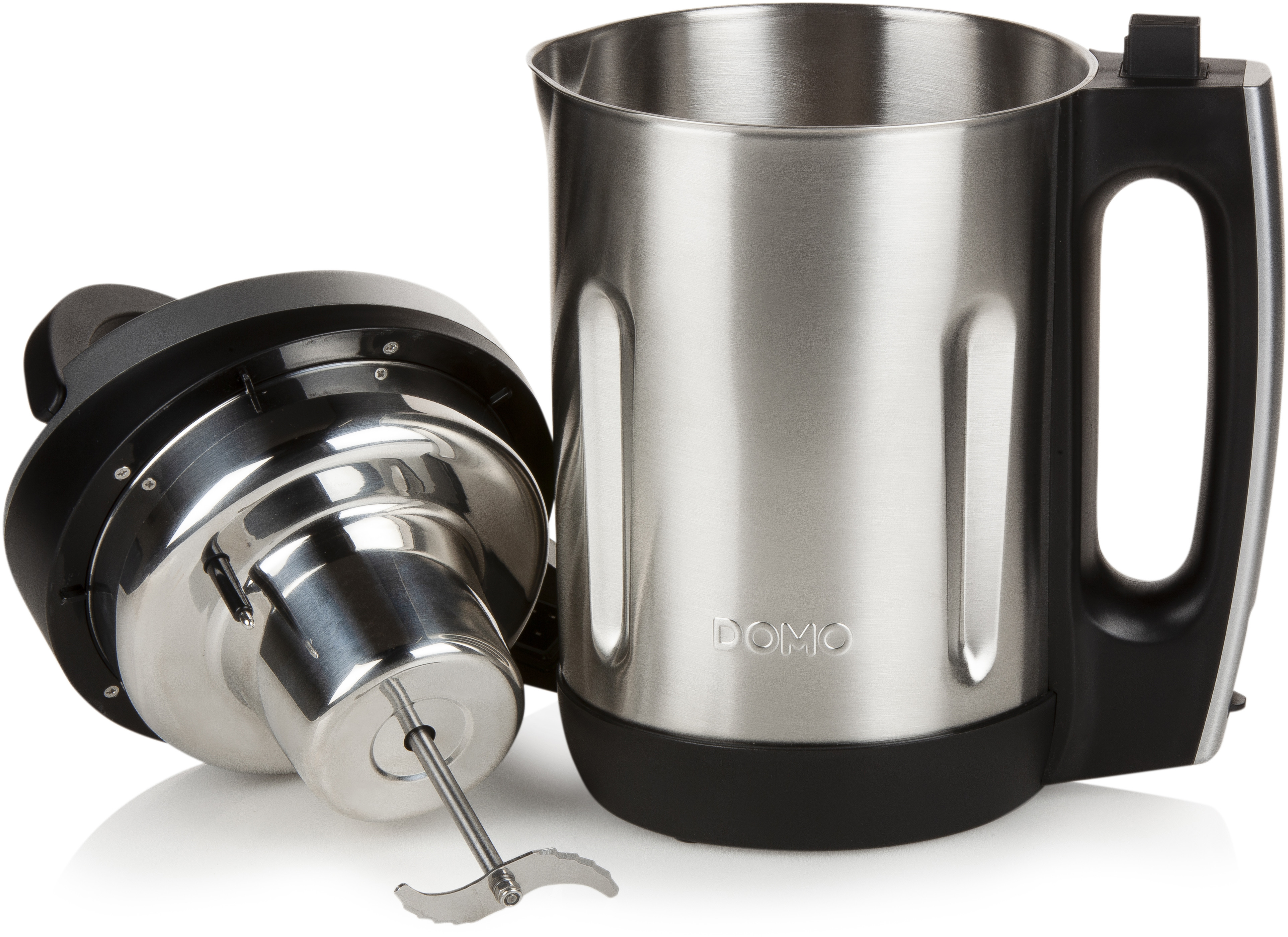 Silver and black blender. Parts are separated. Handle is on the side.