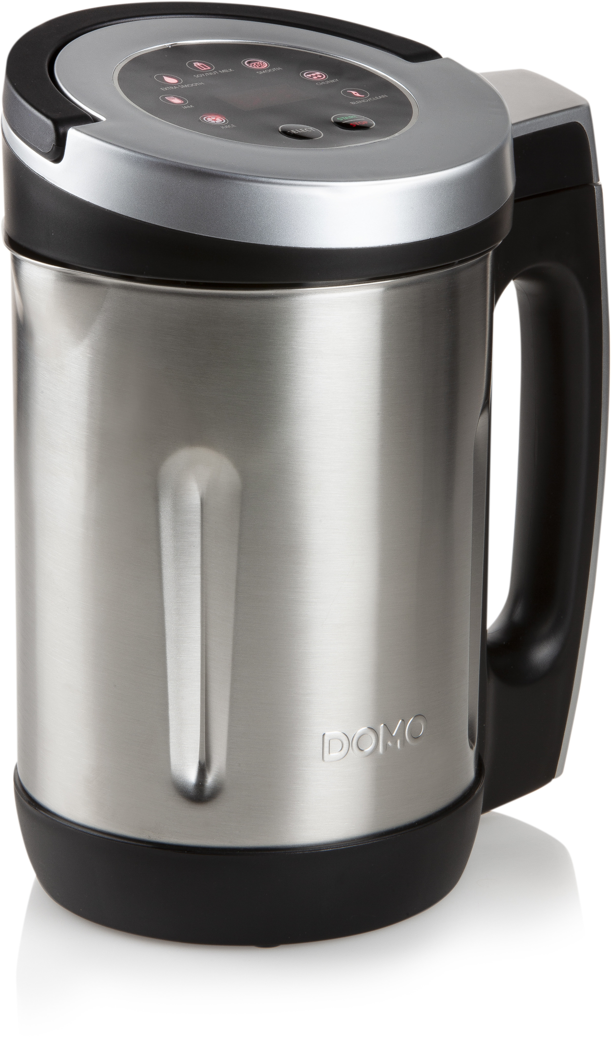 A stainless steel soup maker with a black base and handle. There are buttons on the top.
