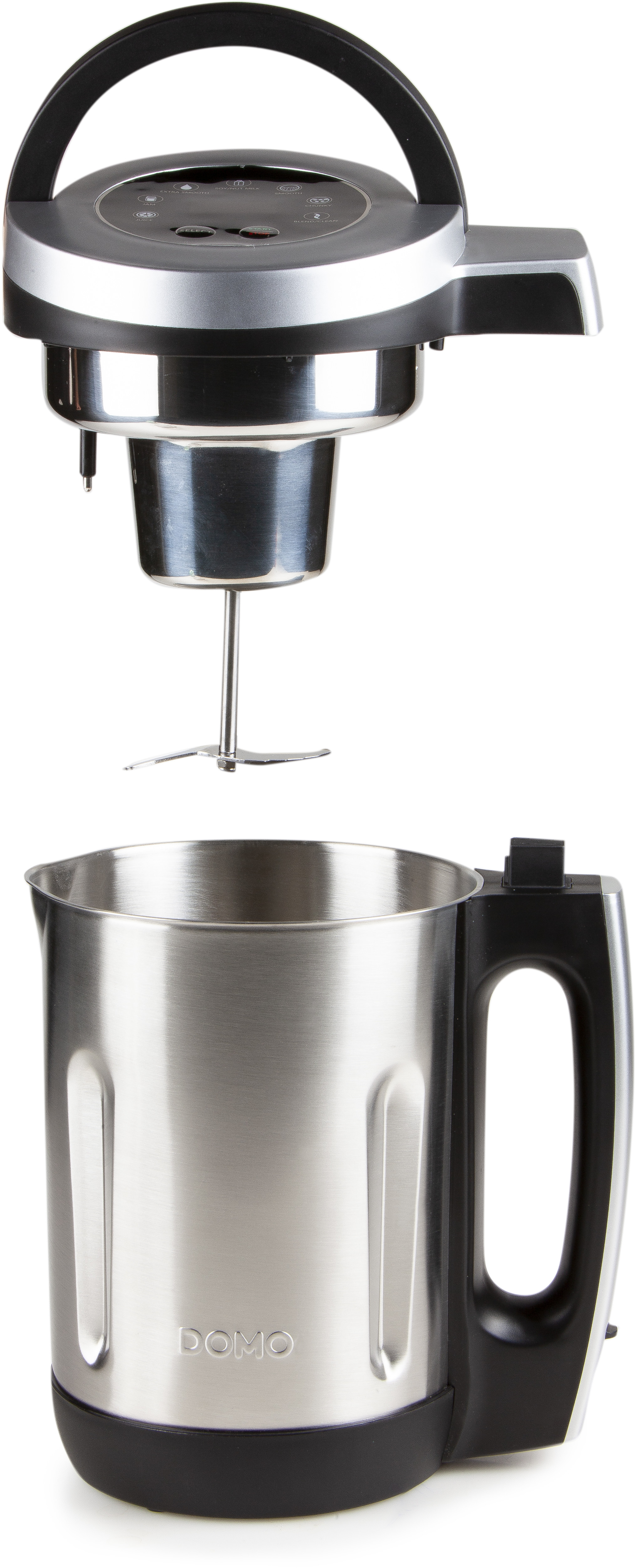 A soup maker with a stainless steel pot and black handle. The top has a digital display.