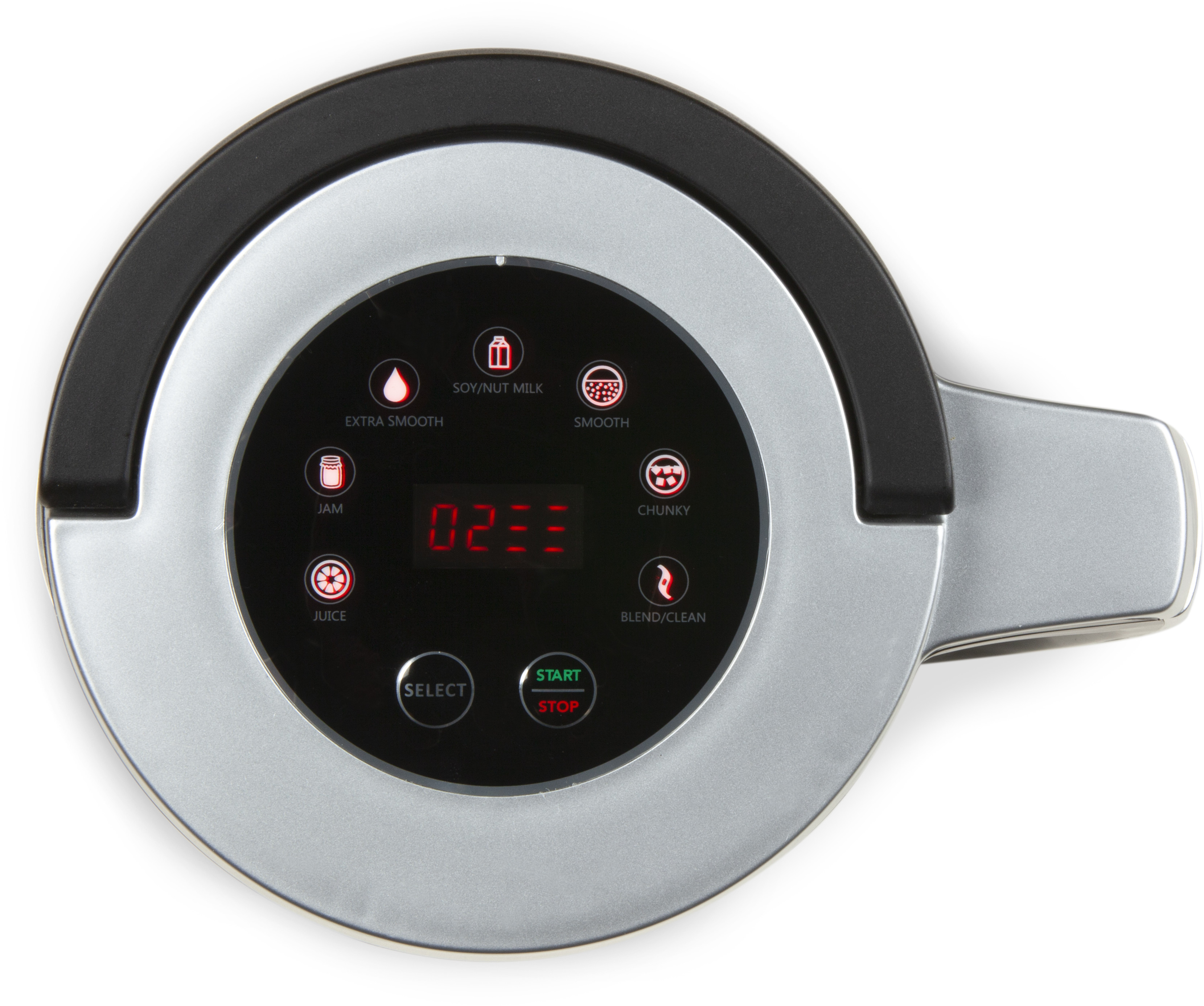 A blender control panel with buttons for different functions and a digital display.