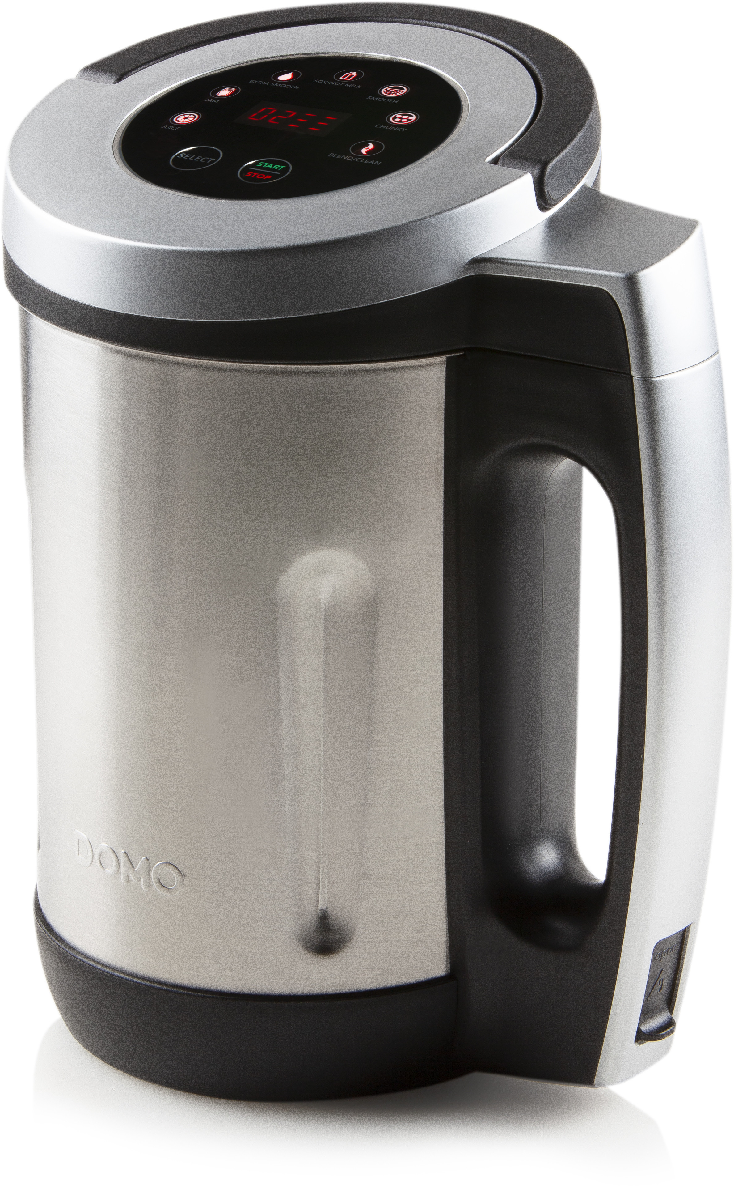 A silver and black soup maker with a digital display and a handle.