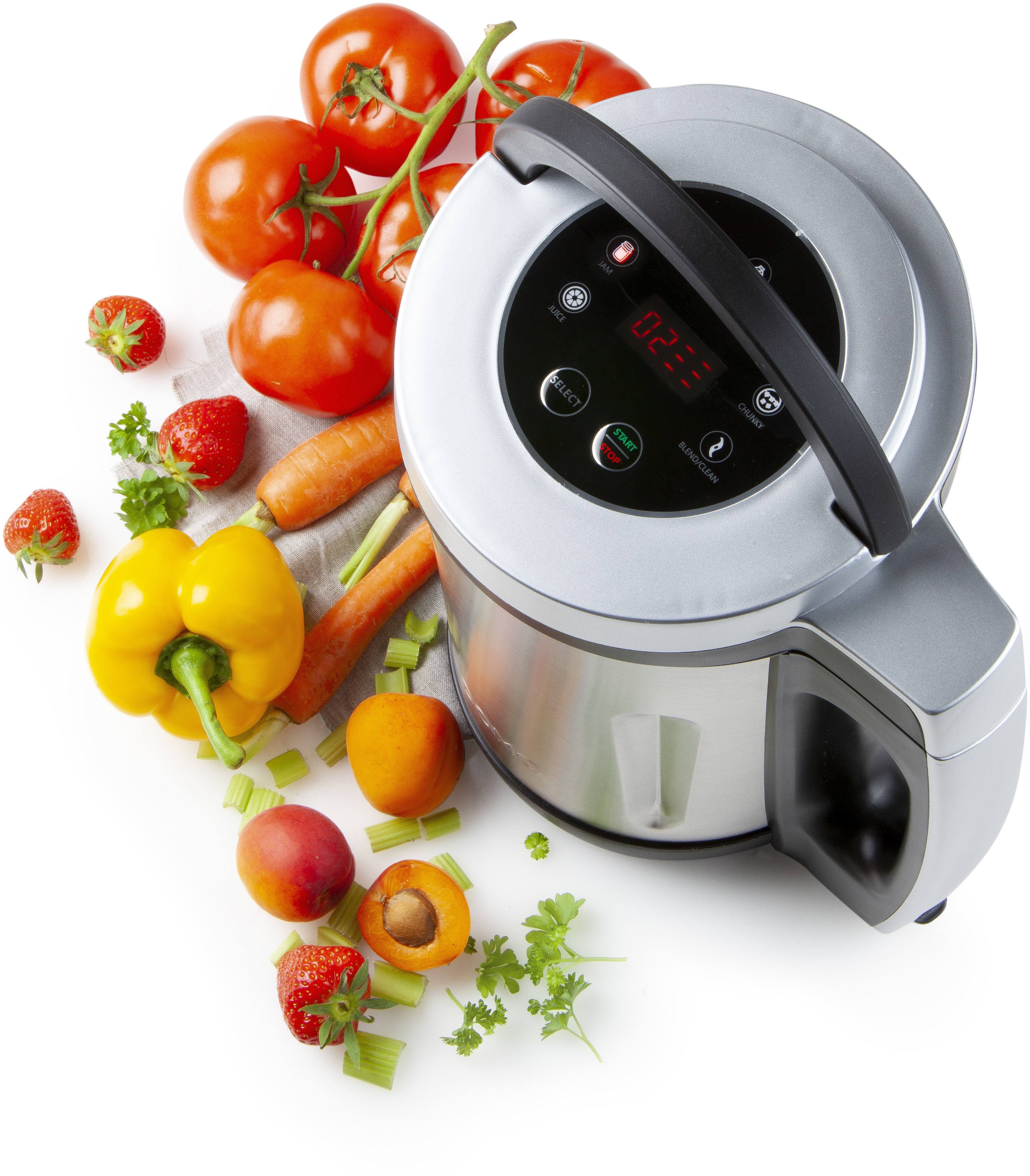 Vegetable soup maker with tomatoes, strawberries, carrots, and other vegetables around it.