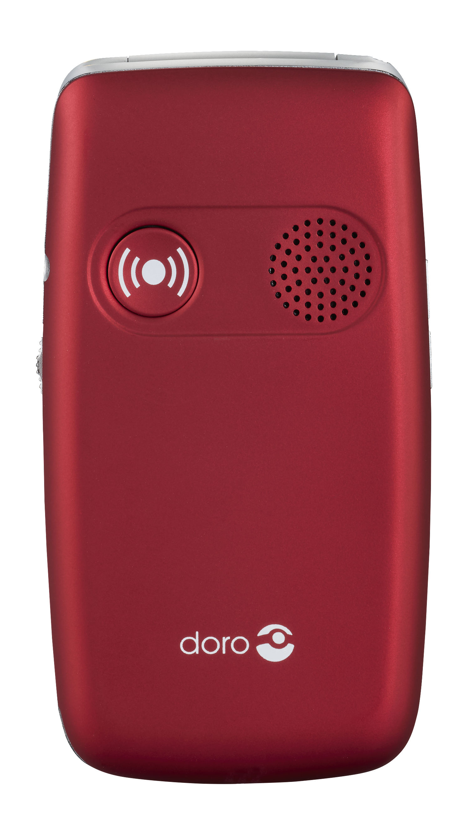 Rotes Mobiltelefon mit weißem Logo, Lautsprecher und einer Taste.