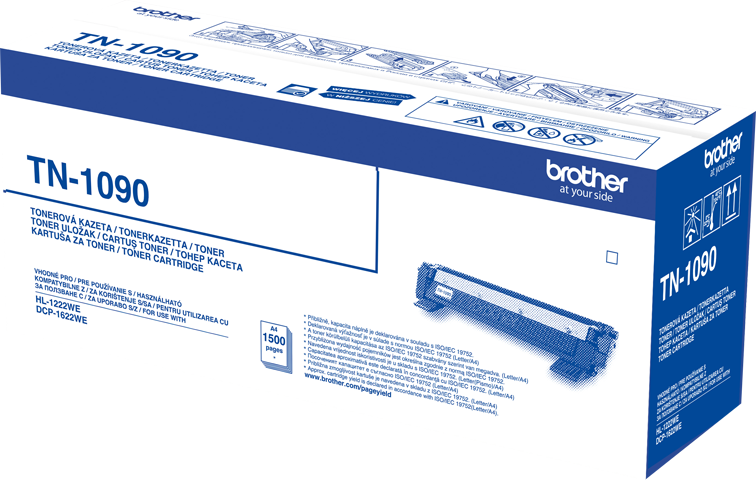 Brother TN-1090 tonerkazetta doboza, a toner képével és specifikációival.