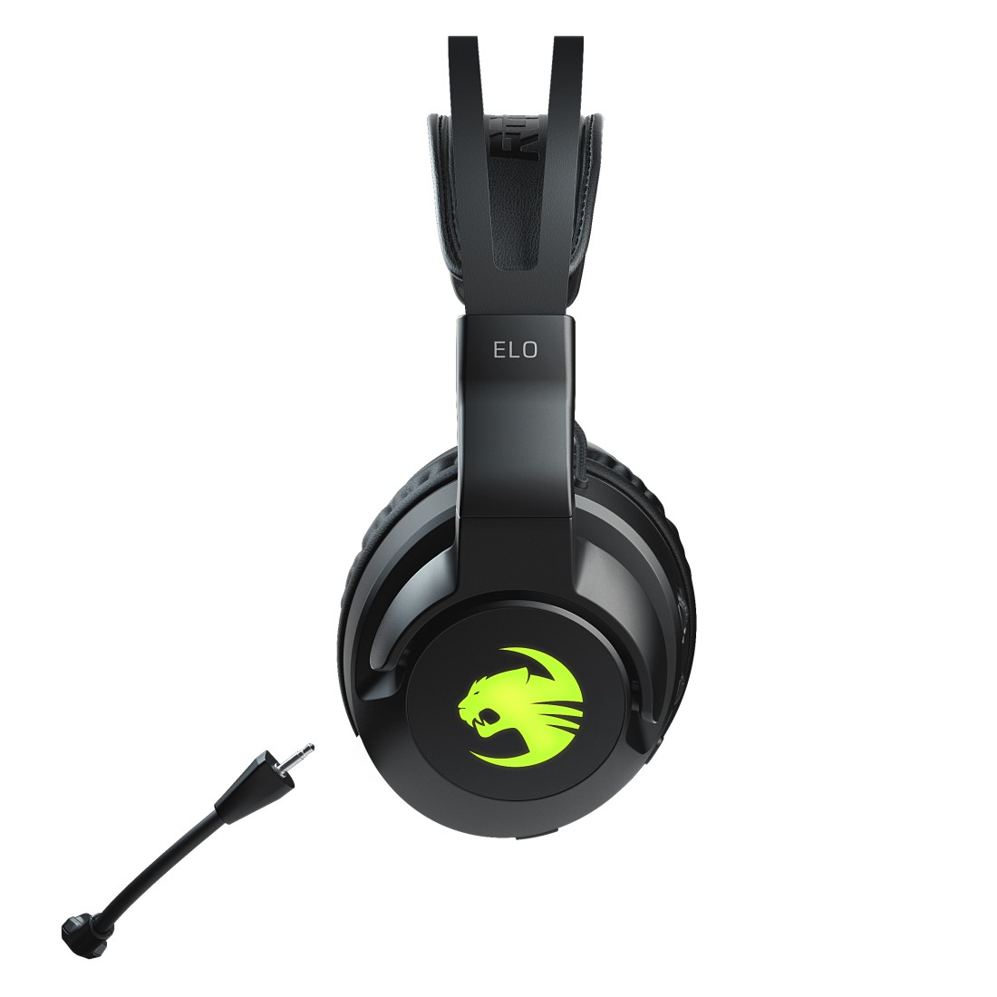 Schwarzes Gaming-Headset mit Mikrofon, auf weißem Hintergrund.