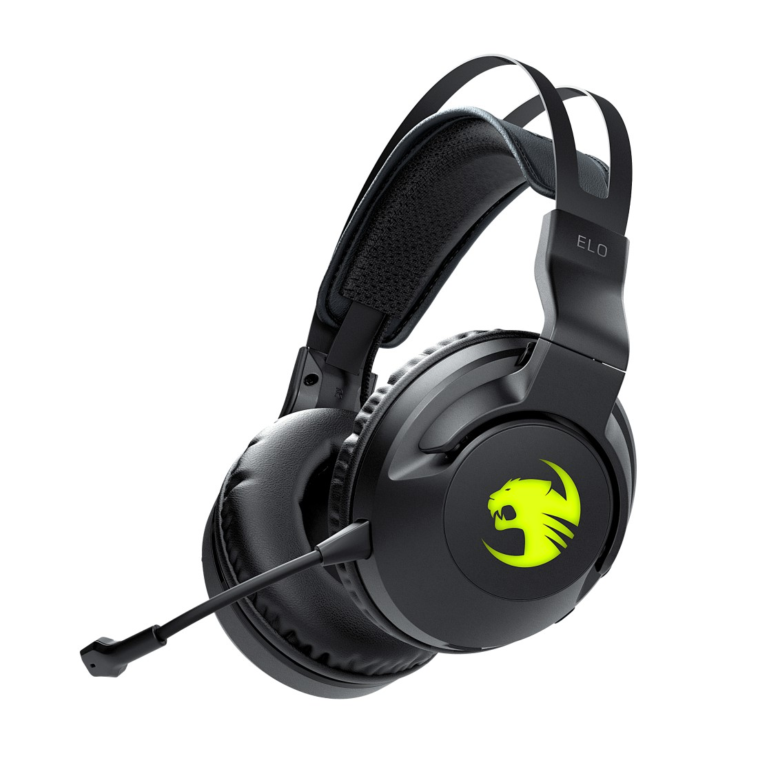 Ein schwarzes und grünes Gaming-Headset mit Mikrofon auf weißem Hintergrund.