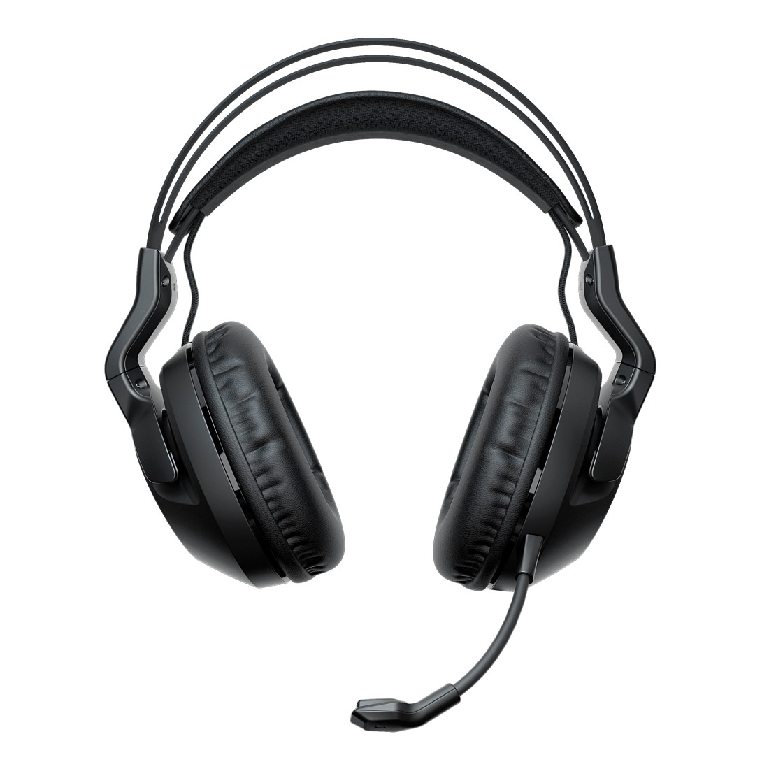 Schwarze Over-Ear-Kopfhörer mit Mikrofon. Weißer Hintergrund.