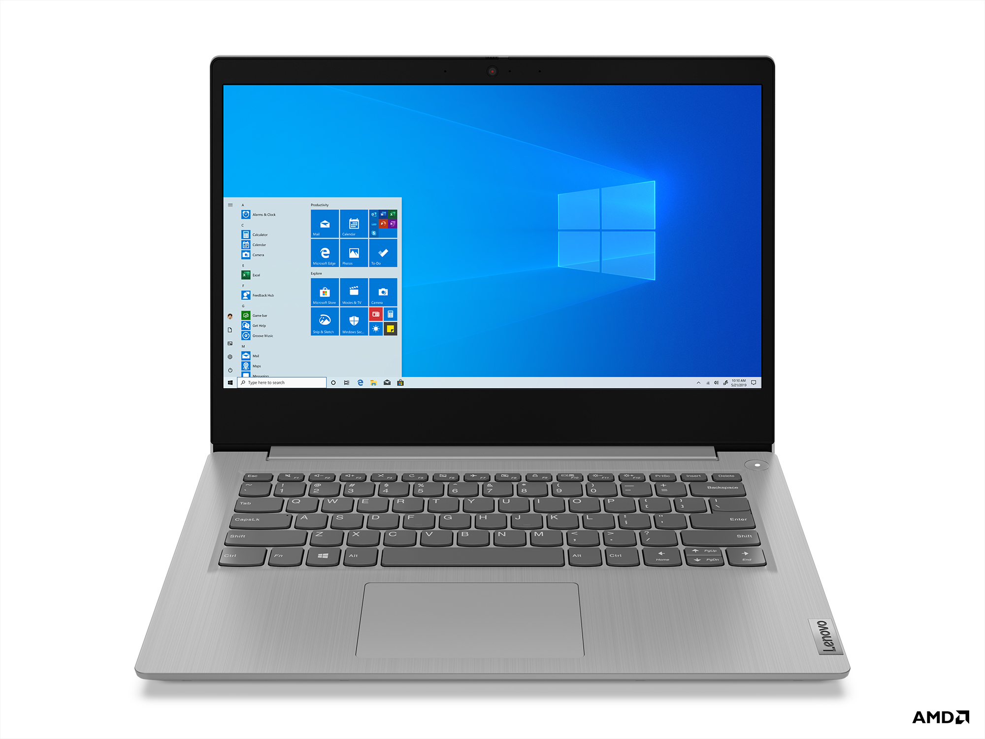 Windows masaüstü görüntüleyen bir dizüstü bilgisayar. Gümüş bir gövdesi ve siyah bir klavyesi var.