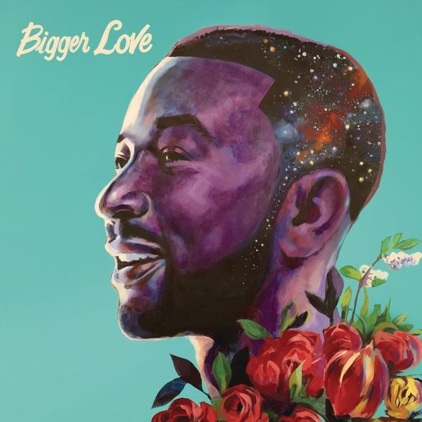 Pochette de l'album de John Legend - Bigger Love, un portrait d'homme avec des fleurs.