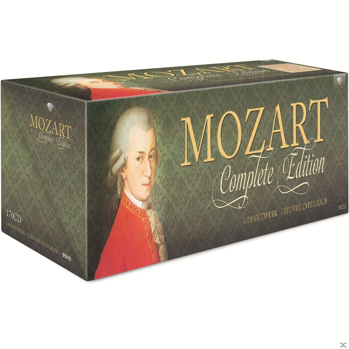 Box-Set von Mozarts Gesamtausgabe, mit einem Porträt von Mozart. Grüne und goldene Verpackung.