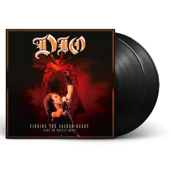 Ein Vinyl-Schallplattencover mit Dio-Album-Artwork und zwei schwarzen Vinyl-Schallplatten daneben.