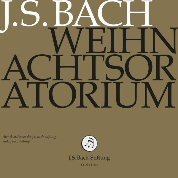 Albumcover mit dem Text "J.S. Bach" und "Weihnachtsoratorium" auf braunem Hintergrund.