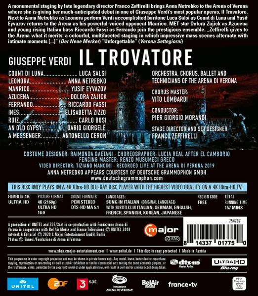 Rückseite einer Il Trovatore DVD-Hülle, mit Besetzung, Credits und einer Zusammenfassung.