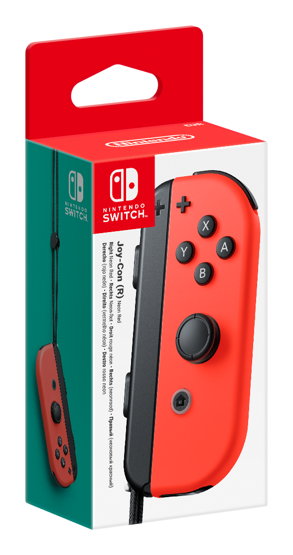 Roter Nintendo Switch Joy-Con Controller in einer rot-weißen Box mit schwarzen Details.