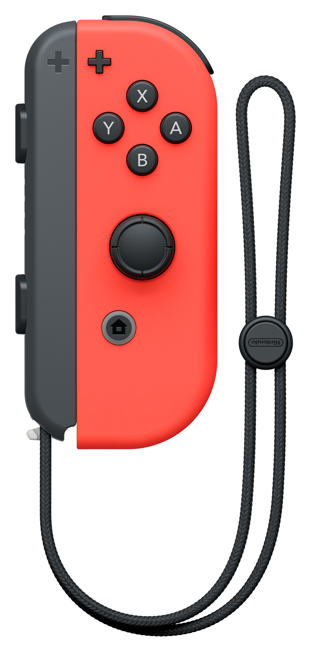 Ein roter und grauer Nintendo Switch-Controller mit schwarzem Handgelenkband.