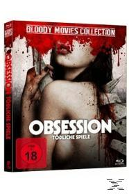 Ein DVD-Cover für einen Film mit dem Titel 'Obsession', mit einer Frau mit Blut und Text in Rot.