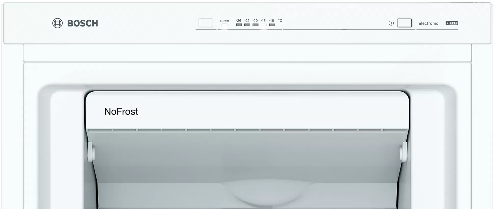 La porta anteriore di un frigorifero bianco con il logo Bosch e l'etichetta NoFrost.