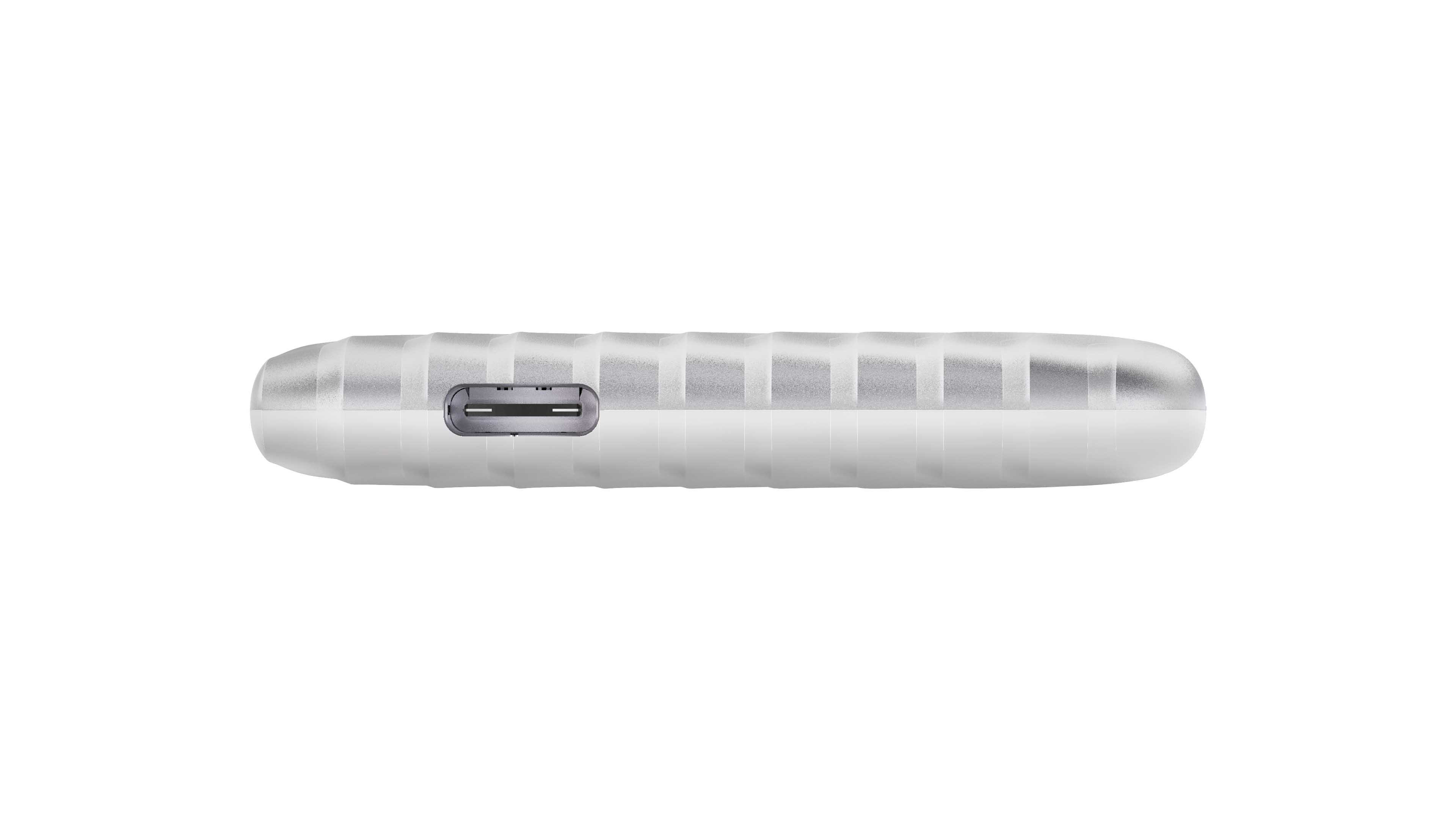 Silberne externe Festplatte mit USB-C-Anschluss, Draufsicht, auf Weiß.