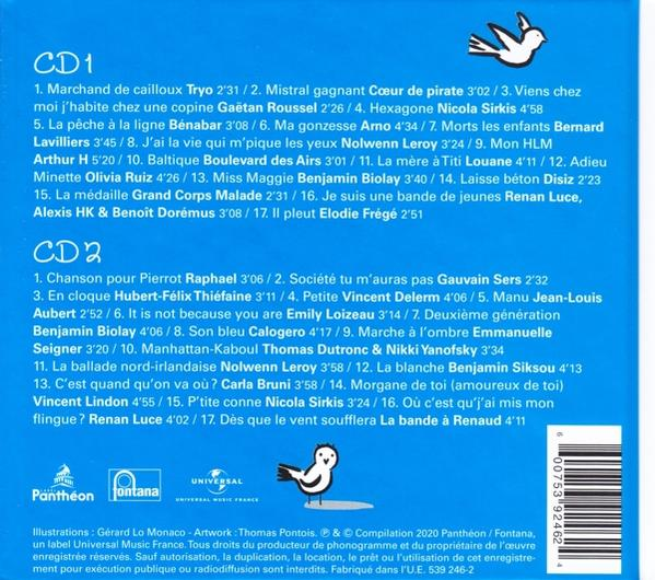 CD-hoes met Franse songtitels. Bevat een illustratie van een witte vogel. Tekst onderaan.
