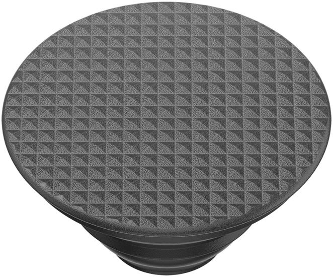 Ein schwarzes und graues strukturiertes, rundes PopSocket für ein Telefon.