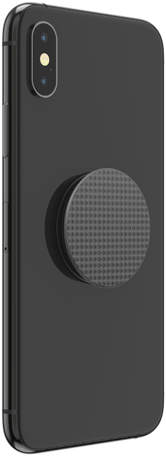Ein schwarzes Smartphone mit angebrachtem PopSocket, von hinten gesehen.