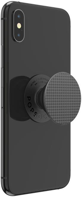 Schwarzes Smartphone mit angebrachtem Popsocket. Der Popsocket ist schwarz.