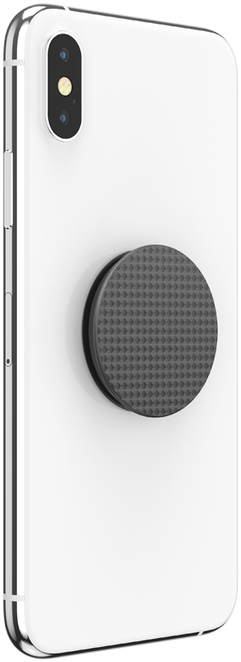 Weißes Smartphone mit einem schwarzen, gemusterten Pop-up-Griff.