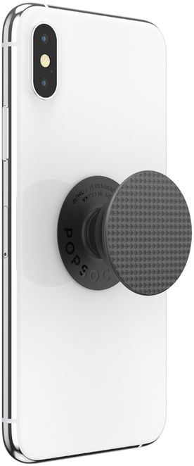 Ein weißes Smartphone mit einem schwarzen PopSocket auf der Rückseite.