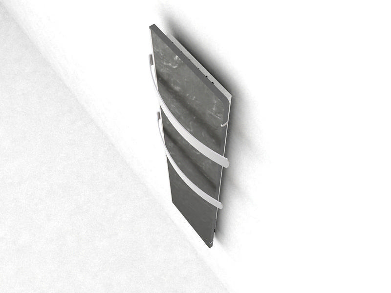 Grauer, an der Wand befestigter Handtuchwärmer. Zwei gebogene Stangen sind sichtbar.