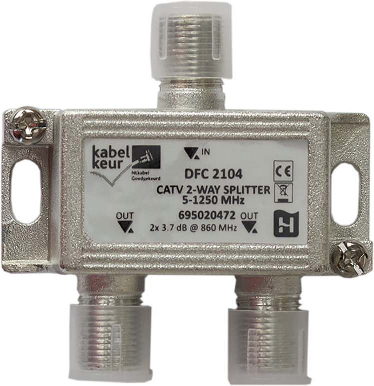 Silver CATV 2-way splitter with labeled ports and text, isolated.