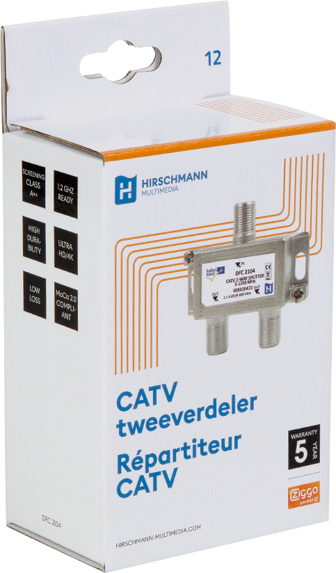 Box with CATV splitter, orange lines, white background, text.