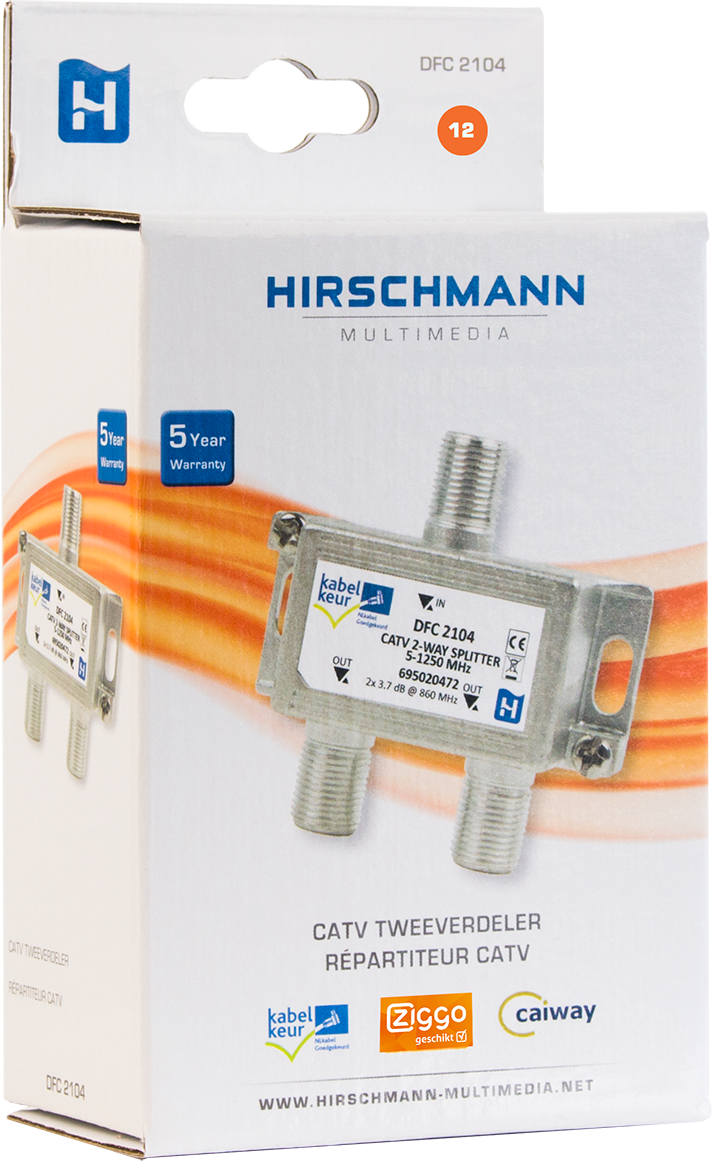 A box containing a CATV 2-way splitter and a smaller box with details.