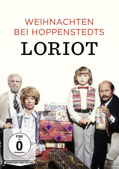 Ein Filmplakat zeigt eine Familie mit Weihnachtsgeschenken. Der Text lautet 'Weihnachten bei Hoppenstedts' und 'Loriot'. Ein FSK 0-Logo ist sichtbar.