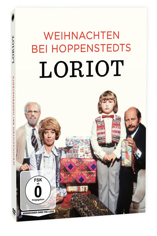 DVD-Cover: Familienporträt mit Geschenken. Titel: Weihnachten bei Hoppenstedts von Loriot. FSK 0 Logo.