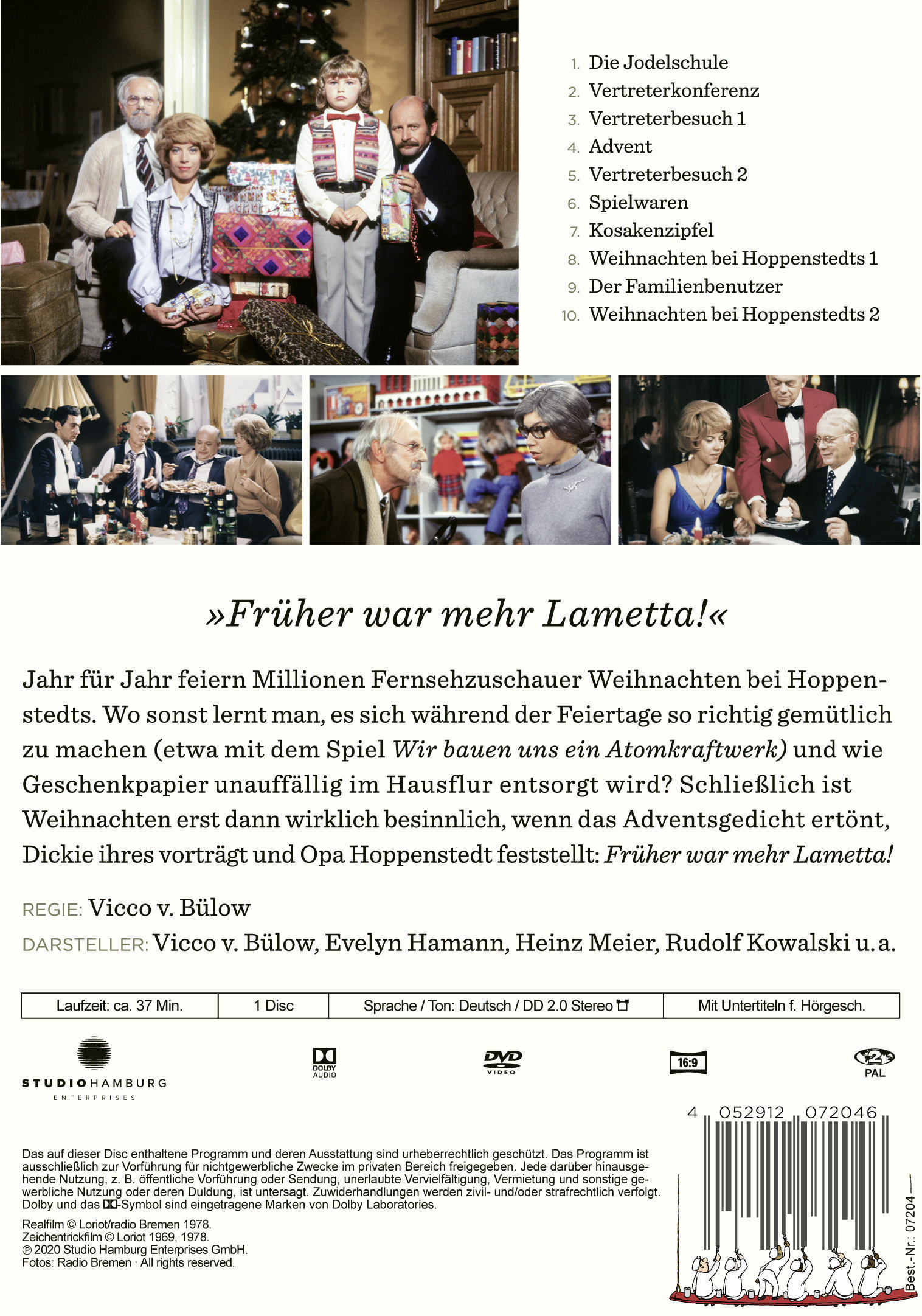 Eine Familie posiert mit Weihnachtsgeschenken. Ein Weihnachtsbaum im Hintergrund. Textüberlagerung mit Showtiteln.