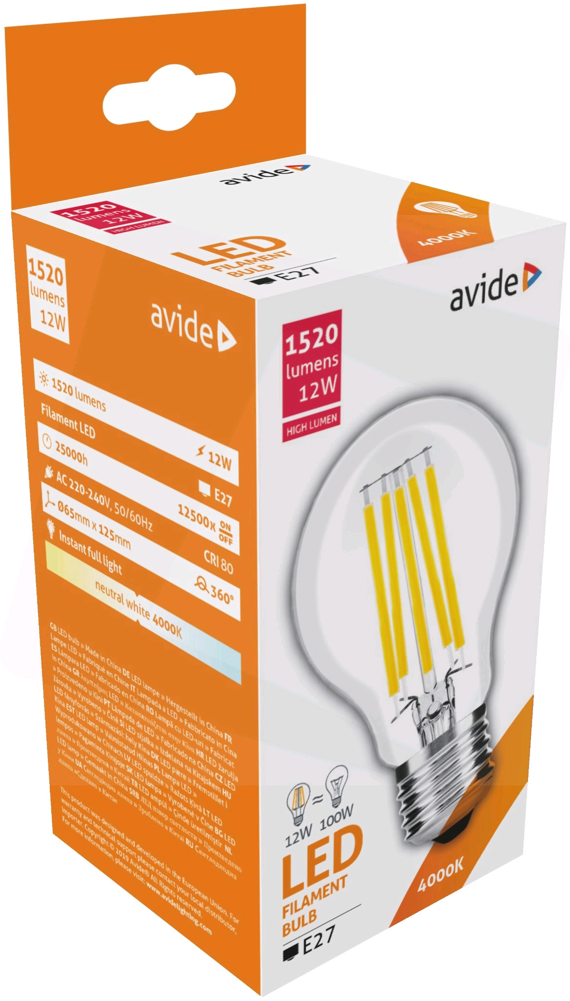 Doboz egy LED-es szálizzós izzóval. A dobozon szöveg és egy izzó képe látható.
