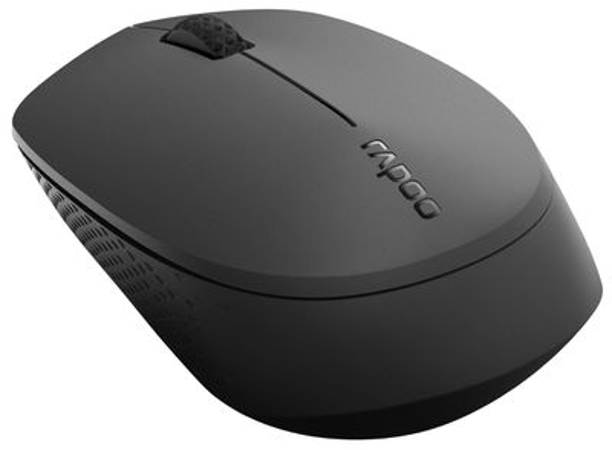 Un mouse per computer nero con una rotella di scorrimento e il marchio 'rapoo' sul lato.