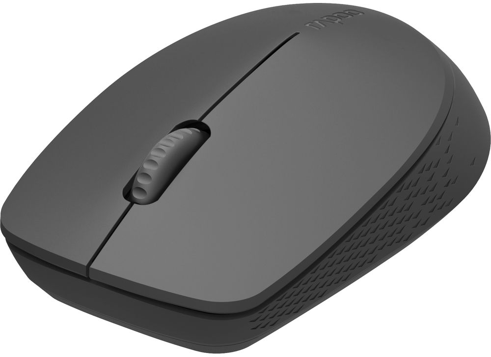 Un mouse per computer grigio scuro, con una rotella di scorrimento e un'impugnatura.