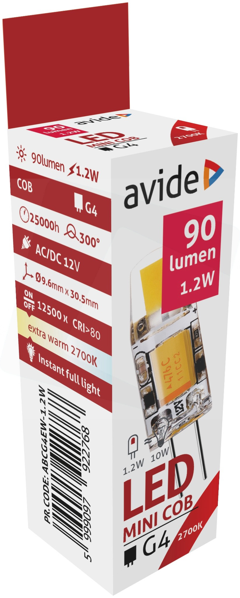 Fehér és piros LED-izzó csomag szöveggel és műszaki adatokkal.