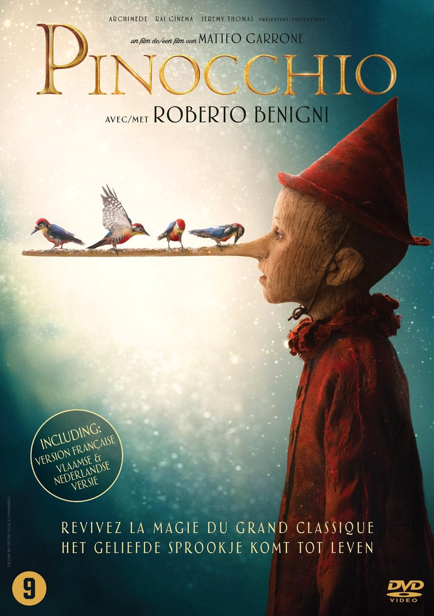 Couverture de film avec Pinocchio et des oiseaux. L'acteur est Roberto Benigni.