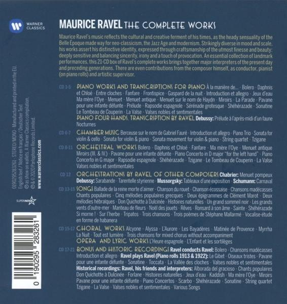 Das Gesamtwerk von Maurice Ravel auf CD, mit Text und einem Warner Classics-Logo.