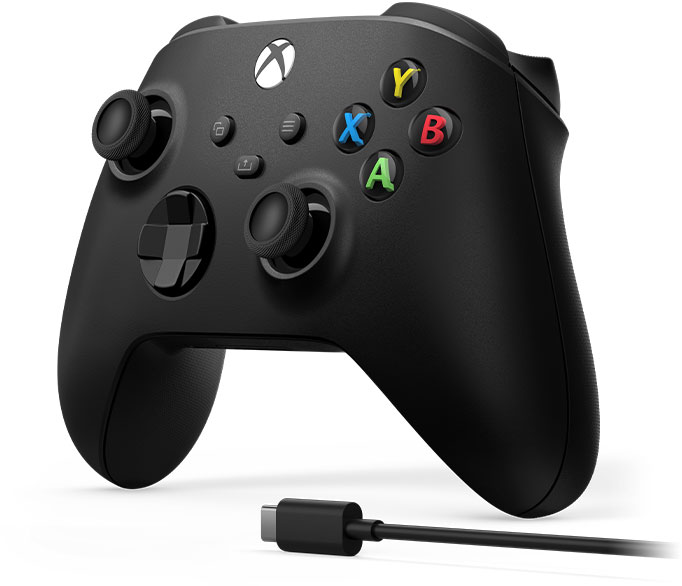 Ein schwarzer Xbox-Controller mit farbigen Tasten und einem USB-C-Kabel.