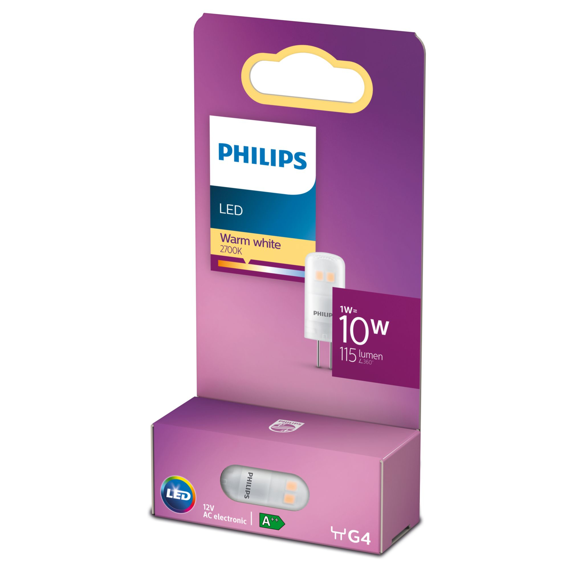 Philips LED-Leuchtbox mit Glühbirne, zeigt 10W-Äquivalent.