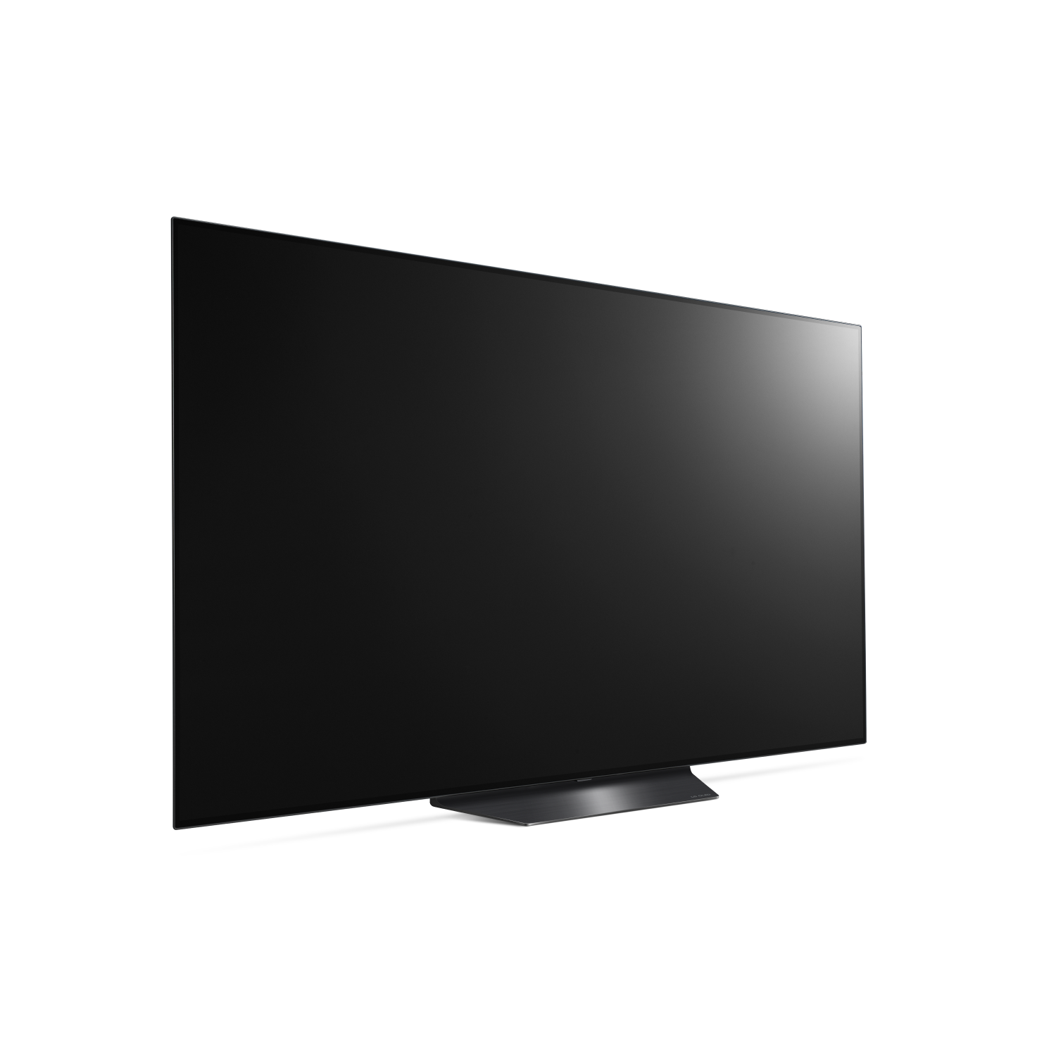 Un televisor de pantalla plana grande y negro sobre un fondo blanco.
