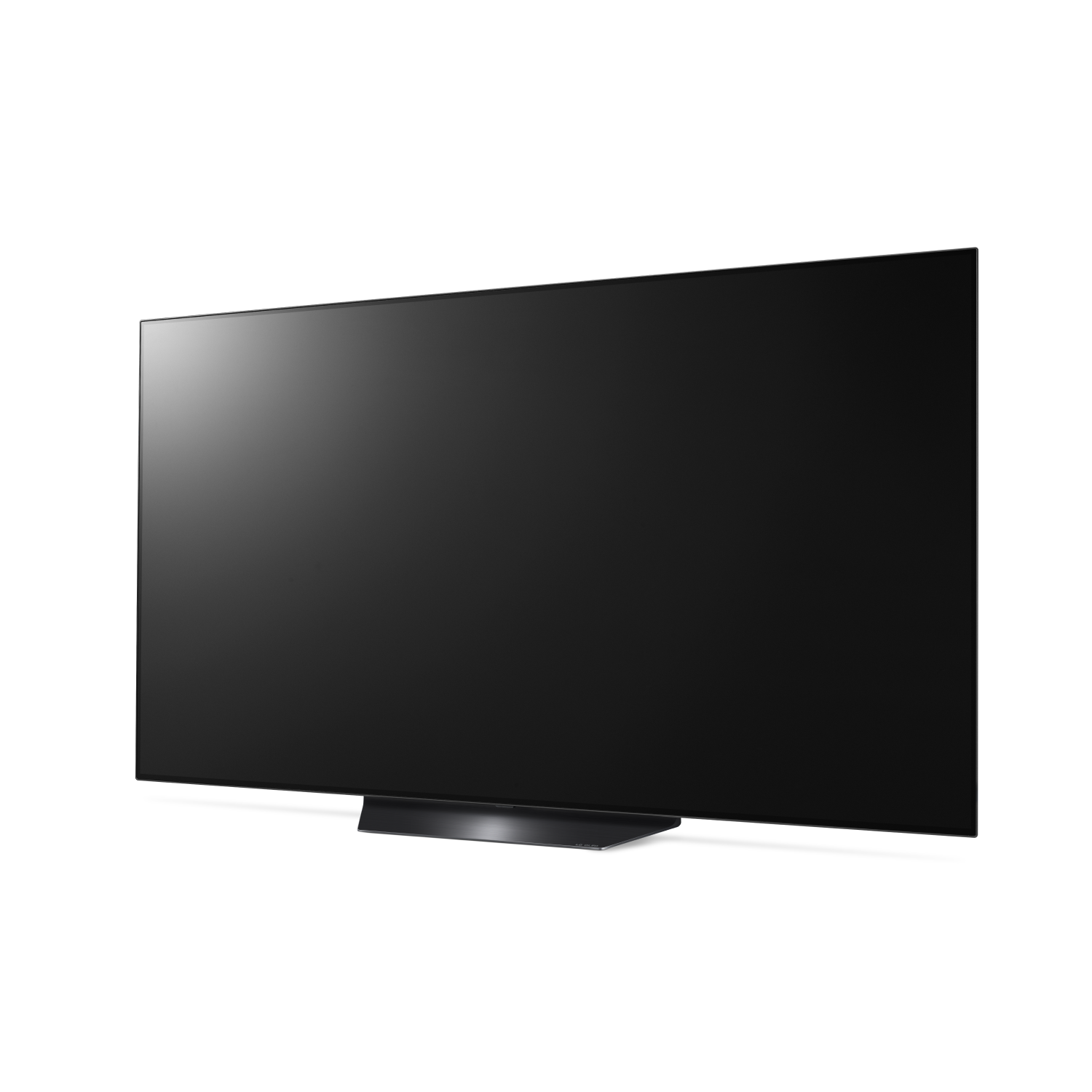 Pantalla de TV negra grande con soporte plateado sobre fondo blanco.
