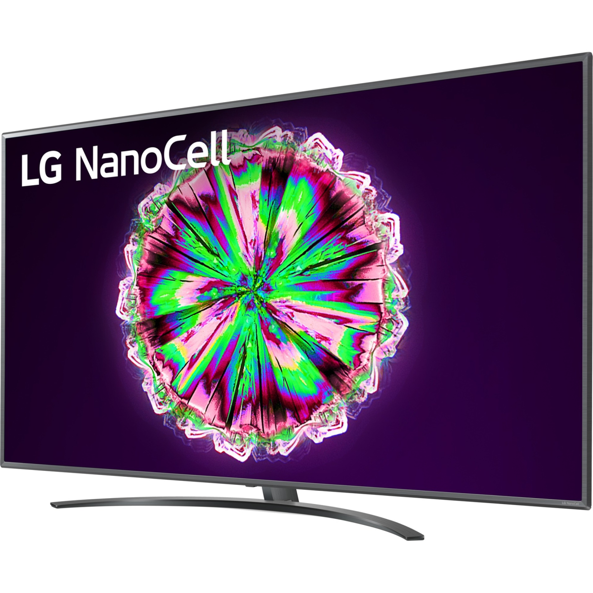 Un televisor LG NanoCell grande muestra arte abstracto colorido.